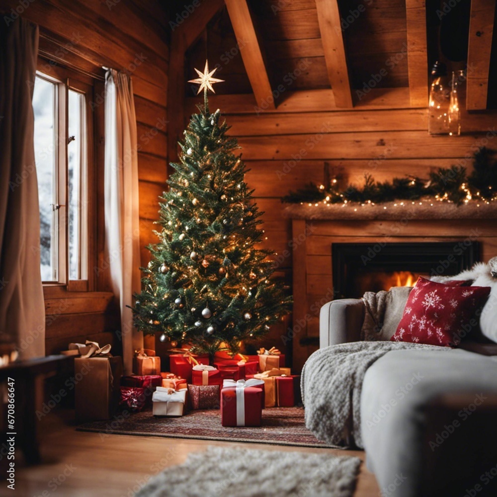 An AI illustration of a living room with a christmas tree, presents and a fireplace An AI illustration of a living room with a christmas tree, presents and a fireplace