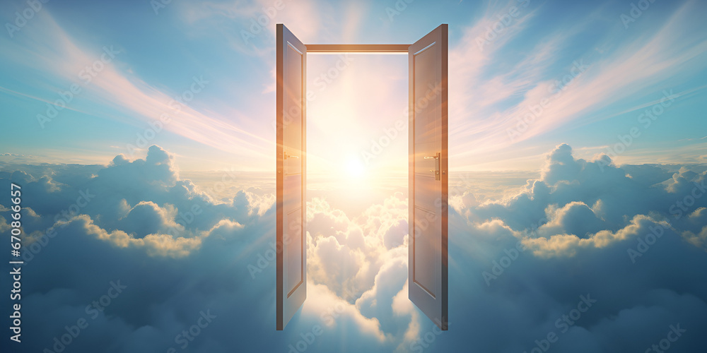 Heaven Door ,Man is walking out of open door into surreal sky with ggenerative ai
 - obrazy, fototapety, plakaty 