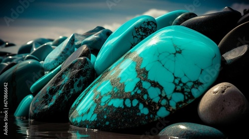 An AI illustration of many rocks on a beach and water next to each other