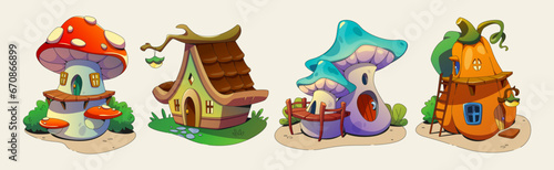 Gnome houses set isolated on white background. Vector cartoon illustration of fly agaric, mushroom, pumpkin huts with wooden doors, windows, ladders, lamps and roofs, fairytale game design elements