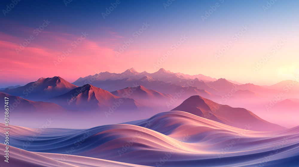 Fantasy mountains at sunset. 3D illustration of a fantasy mountain landscape