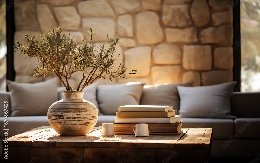 Mediterranean-inspired home interior from a lateral perspective Mediterranean-inspired home interior from a lateral perspective