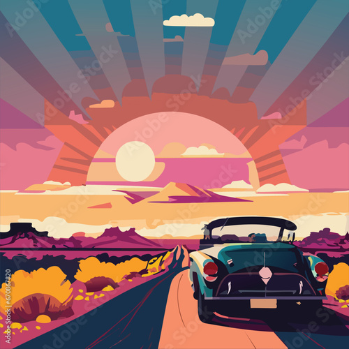 Vintage car drive in highway, Sunshine, Summer road trip,  Car drive in highway, Vector car background, Car driving in highway, vector Illustration 