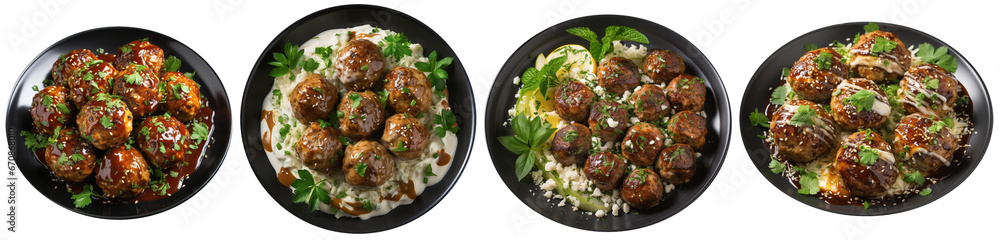 top view of four plates with Turkish feta meatballs top view of four plates with Turkish feta meatballs