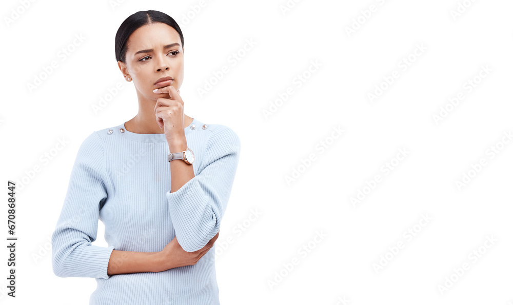Thinking, confused and woman in doubt for decision isolated on a transparent PNG background. Thoughtful female person in wonder, emoji or choice and contemplating ideas for plan, remember or memory Thinking, confused and woman in doubt for decision isolated on a transparent PNG background. Thoughtful female person in wonder, emoji or choice and contemplating ideas for plan, remember or memory