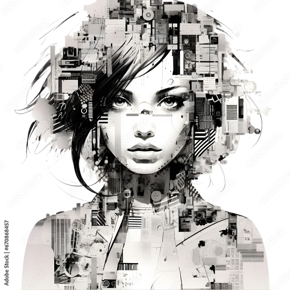 Cute Woman In The Style Of Multilayered Abstract Collages Illustrations Newspaper Headlines