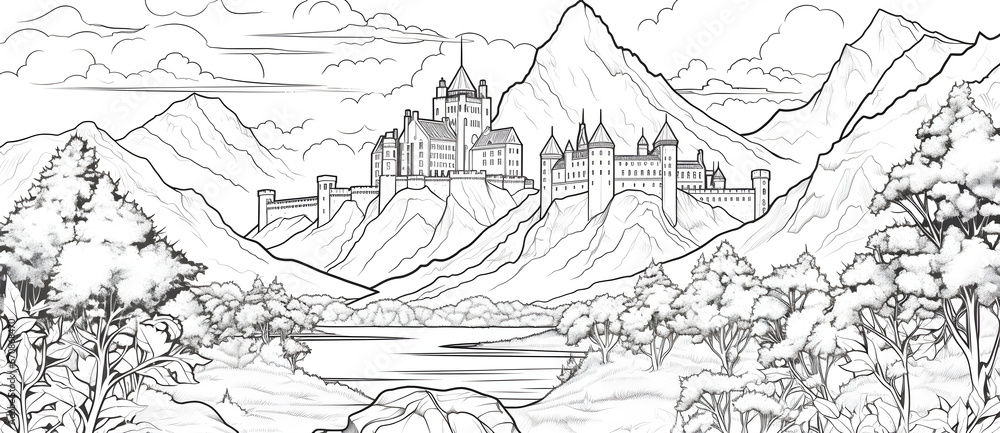 Sketch painting of a castle on a mountain and a natural landscape of mountains and rivers 2