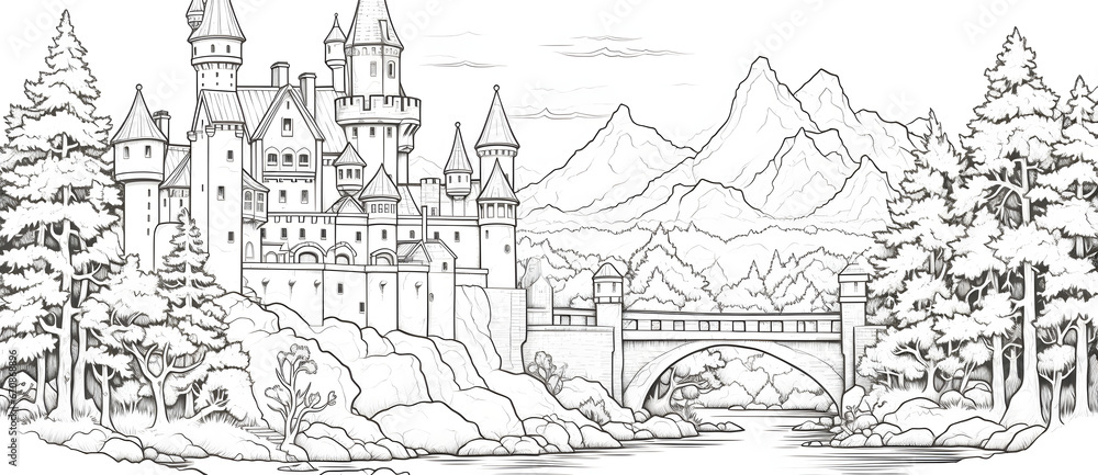 Sketch painting of a castle on a mountain and a natural landscape of mountains and rivers 6