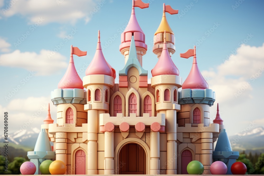 Wooden toy castle, inviting young royalty to create fairy tales in vibrant pastels, Generative AI.