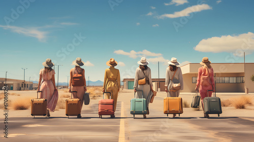 A group of friends with suitcases walk down a city street