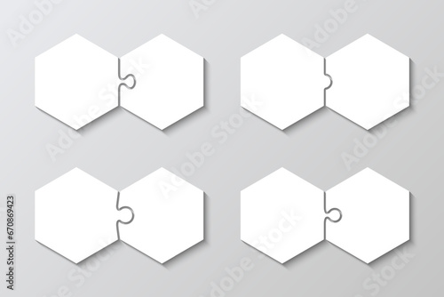 Hexagon jigsaw puzzle. Infographics presentation for business. Business infographic with 4 pairs pieces, steps, parts of process diagram. Puzzle hexagonal grid. Vector illustration