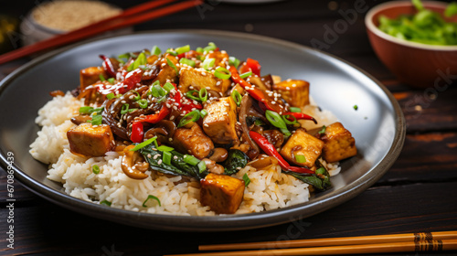 Asian Chinese vegan dish with tofu mushrooms