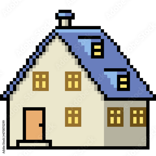 pixel art house blue roof