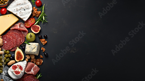 Assorted cheese and meat appetizers. Above view