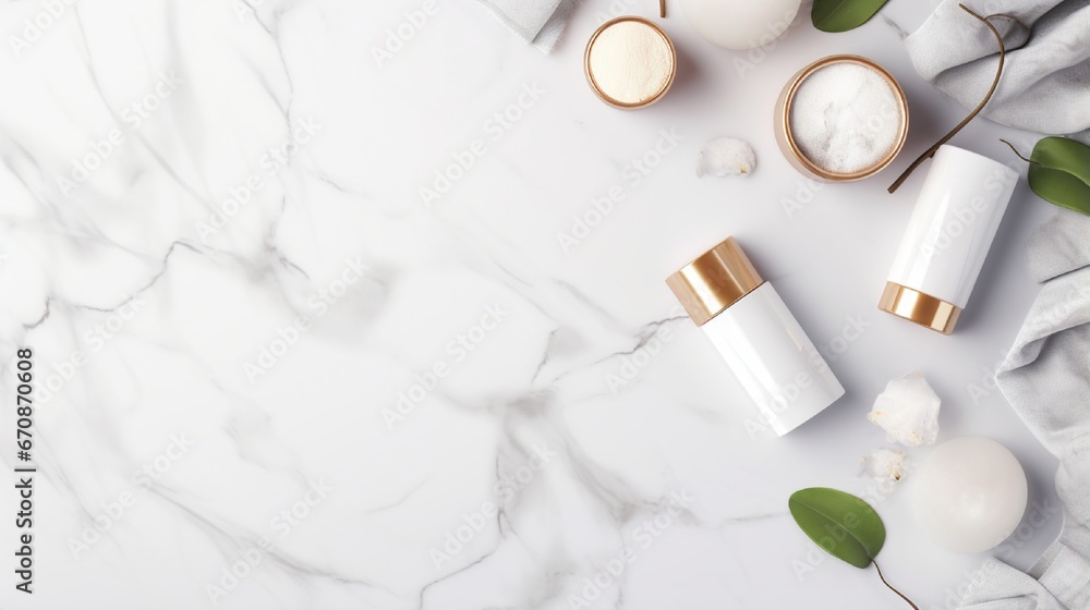 In 3D artwork, flat lay perspective, clear skincare product banner ads on marble stone and wooden table background with white paper leaves embellishments. In 3D artwork, flat lay perspective, clear skincare product banner ads on marble stone and wooden table background with white paper leaves embellishments.