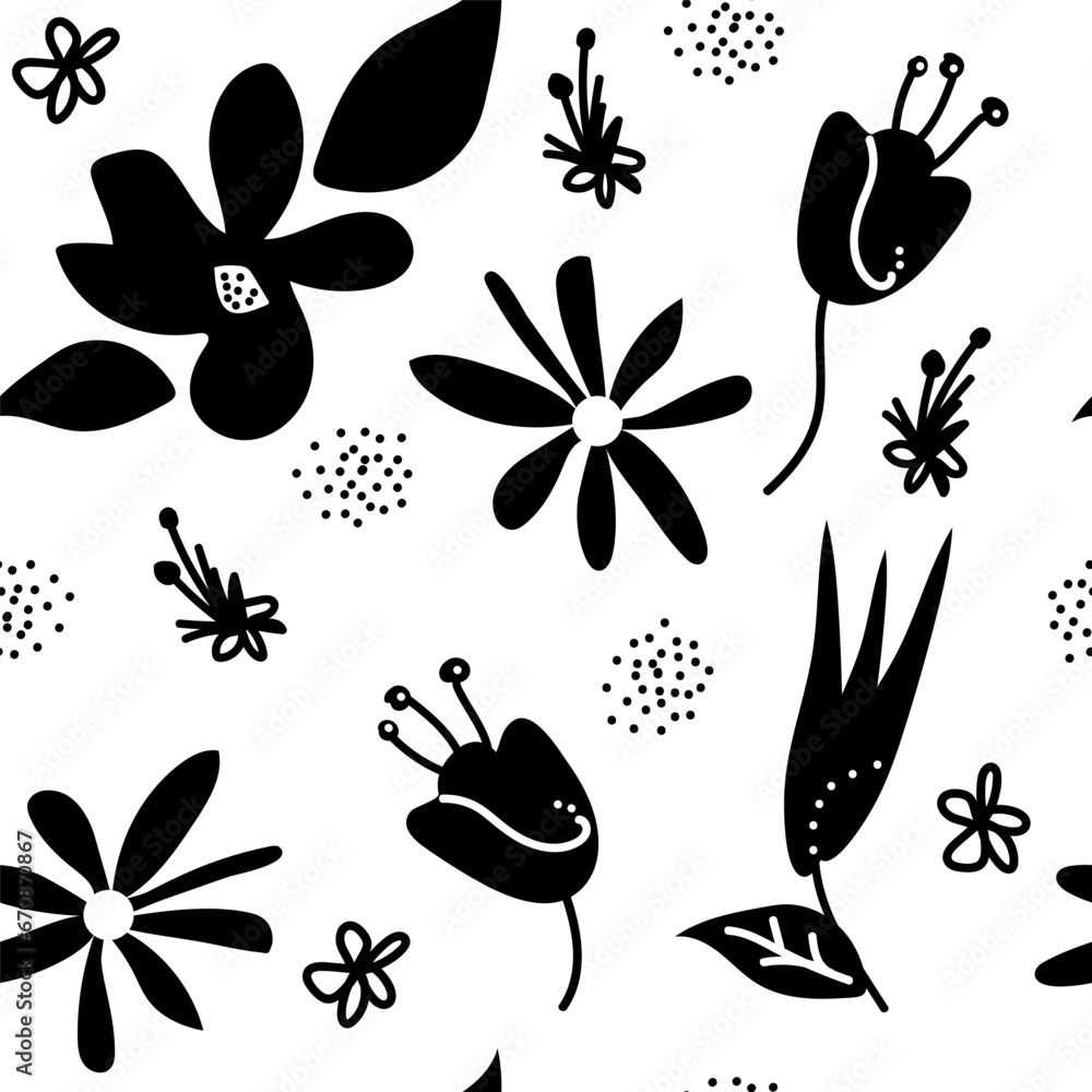 Hand-drawn seamless pattern with floral print. Abstract black flowers on white background. Vector pattern for printing on fabric, gift wrapping, covers, wallpapers.