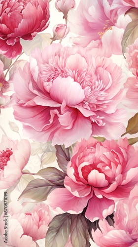 Peony flowers watercolor background. Vertical image for mobile