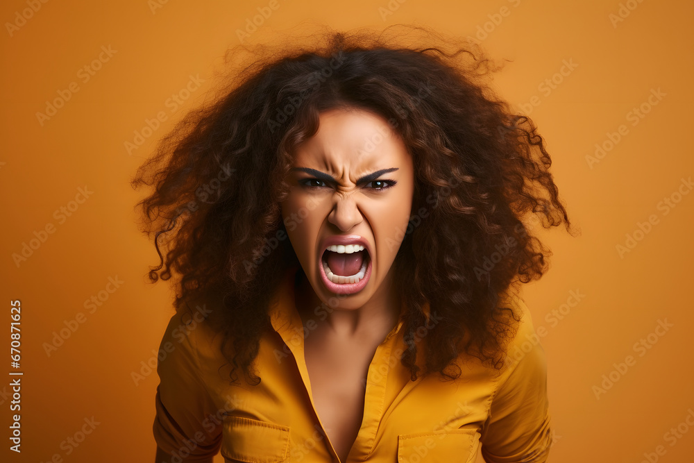 Angry young adult African American woman yelling, head and shoulders portrait on orange background. Neural network generated image. Not based on any actual person or scene. Angry young adult African American woman yelling, head and shoulders portrait on orange background. Neural network generated image. Not based on any actual person or scene.