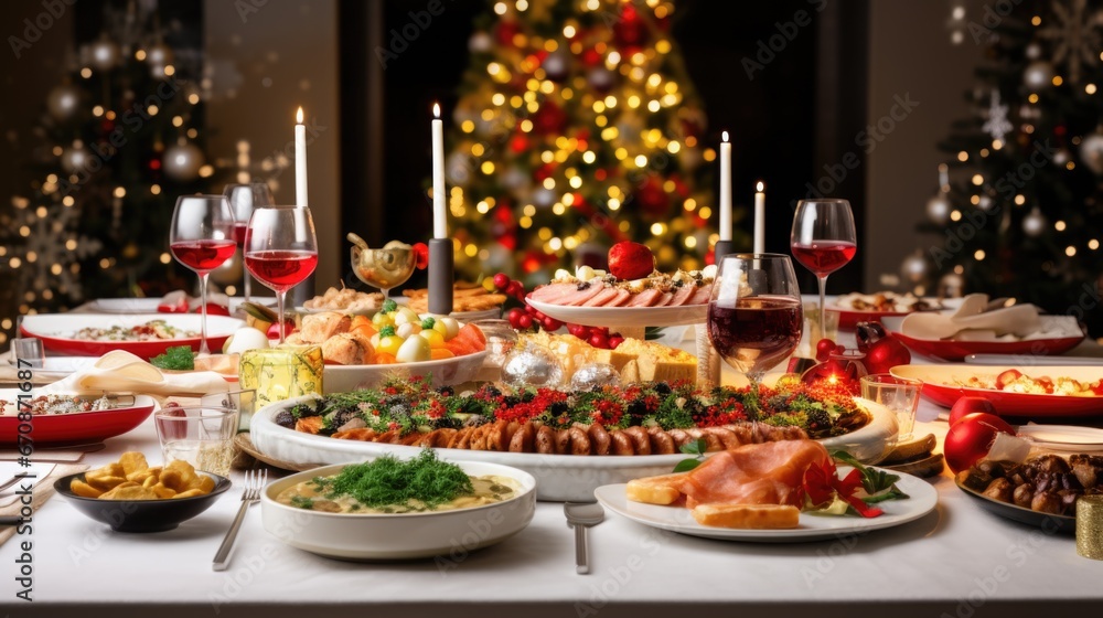 Christmas or New Year's dinner table full of dishes with food and snacks background.