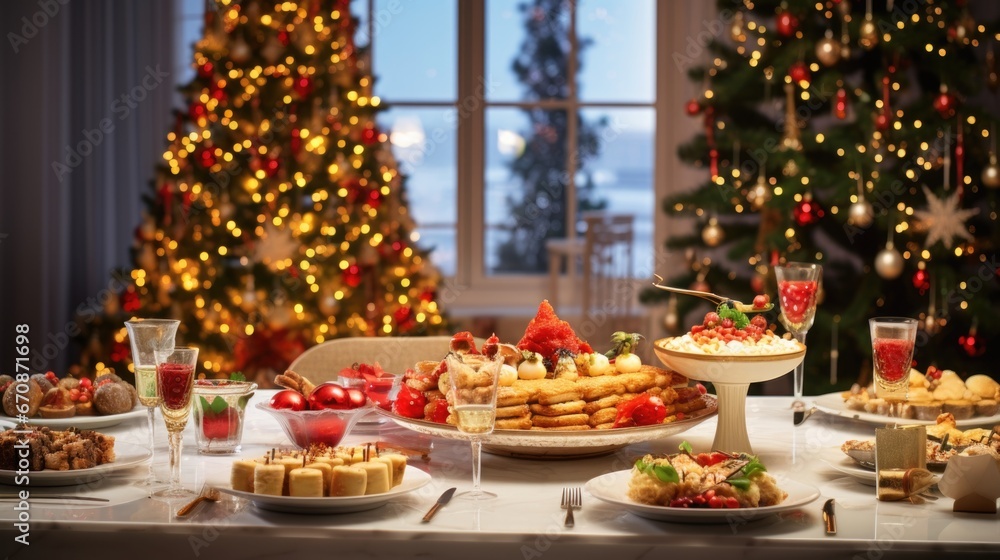 Christmas or New Year's dinner table full of dishes with food and snacks background.