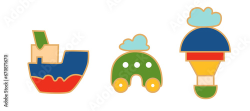 Montessori education logic toys. Cartoon isolated wooden toys, car, boat.  Montessori system for early childhood development.