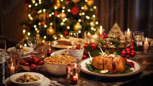 Christmas or New Year s dinner table full of dishes with food and snacks background.