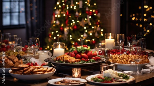 Christmas or New Year's dinner table full of dishes with food and snacks background. © morepiixel