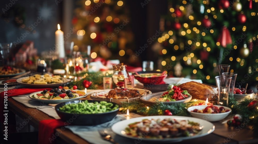 Christmas or New Year's dinner table full of dishes with food and snacks background. Christmas or New Year's dinner table full of dishes with food and snacks background.