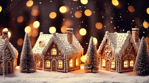Christmas gingerbread houses on wooden table with bokeh background. © morepiixel