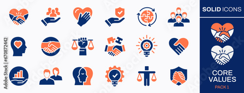 Core values icon set. Collection of business, social responsibility, mission, integrity and more. Vector illustration. Easily changes to any color.