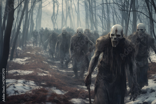 group of zombie walking at cold winter day in a snow covered forest. Not based on any actual person, scene or pattern.