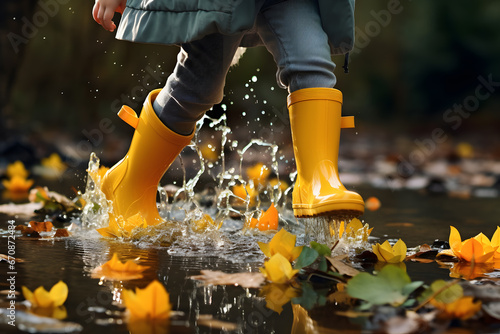 Close up of child with yellow rubber boots walking through water puddle