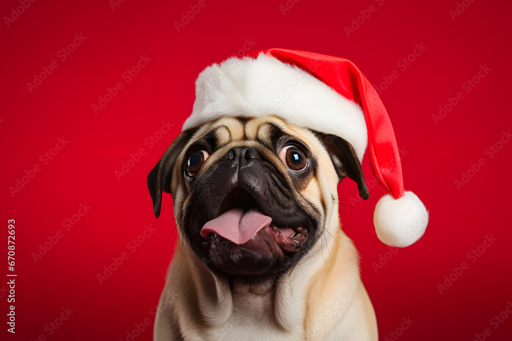 Portrait of funny Pug dog with Santa Claus Christmas hat in front of red background
