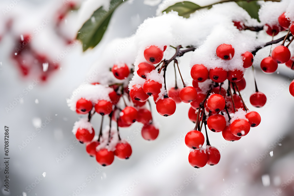 Bunch of red holly berries covered in snow in winter Bunch of red holly berries covered in snow in winter