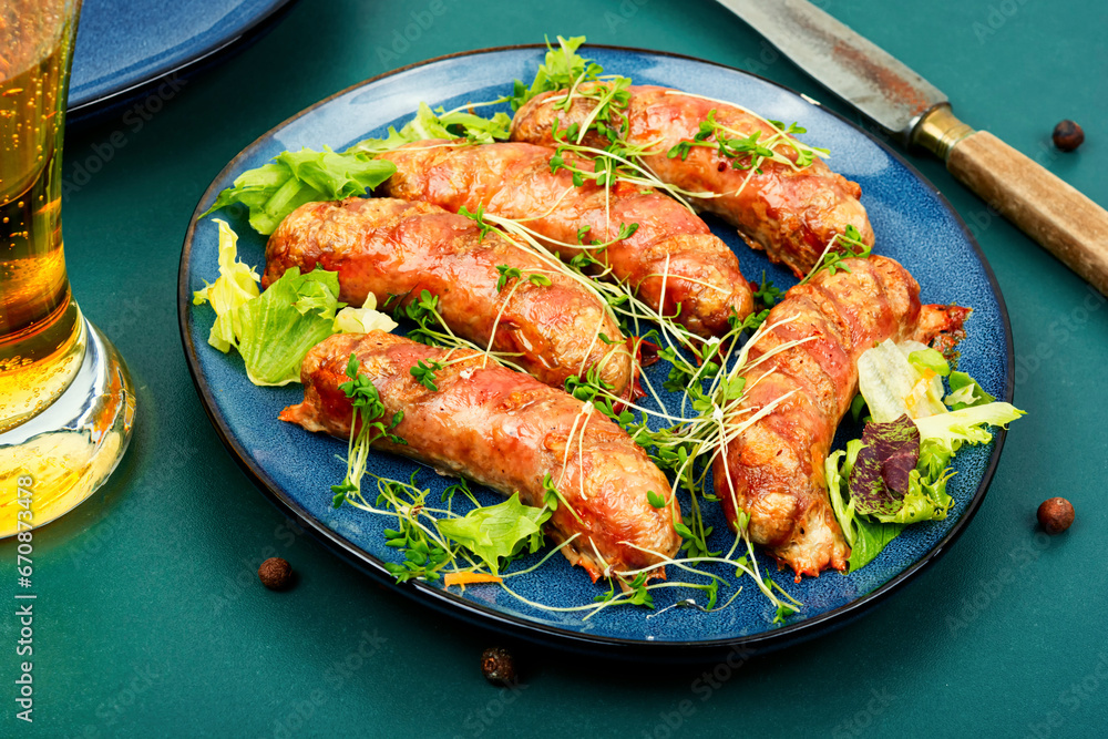 Fried sausage on plate Fried sausage on plate