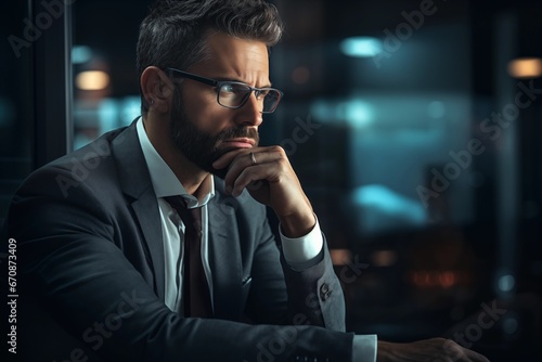 Businessman in suit lost in thought, surrounded by ethereal floating clocks and a grand central timepiece.