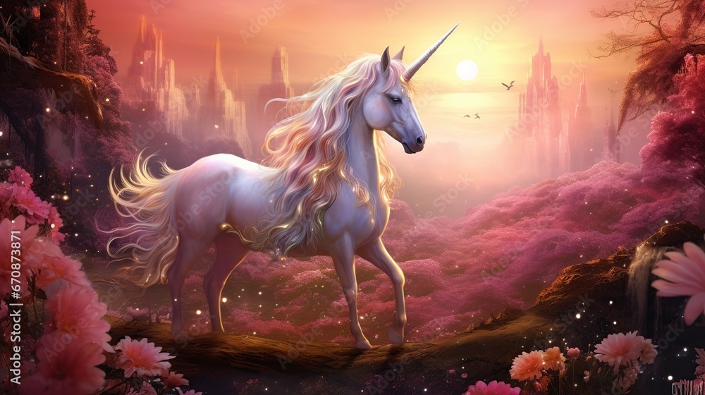 Realistic magical, mythical winged pegasus unicorn horse fantasy background. AI generated image - obrazy, fototapety, plakaty 