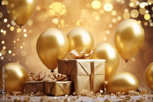 Festive background with golden balls, gift boxes and confetti.