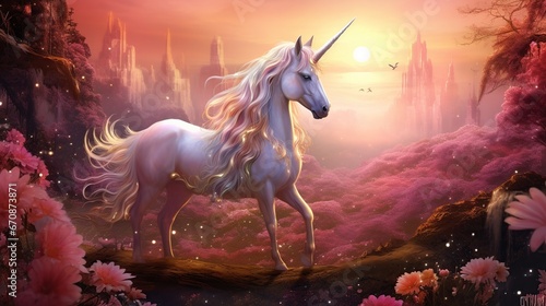 Realistic magical  mythical winged pegasus unicorn horse fantasy background. AI generated image
