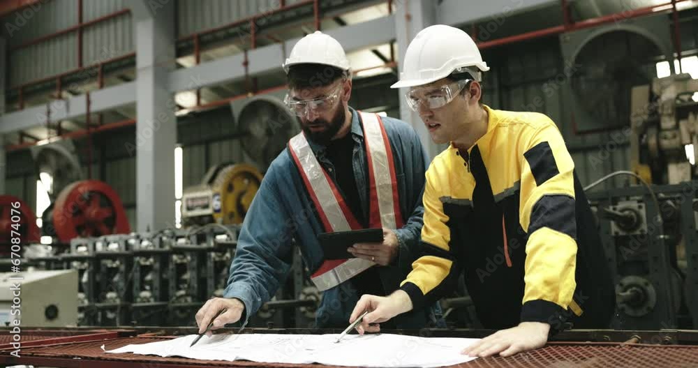 Engineers and technicians are overseeing mechanical maintenance project in factory from blueprint. Two workers are discuss and planning their work. Wearing helmet and uniform to safety while working