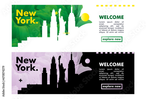USA New York city banner pack with abstract shapes of skyline, cityscape, landmark. NYC travel vector horizontal illustration layout set for brochure, website, page, presentation, header, footer