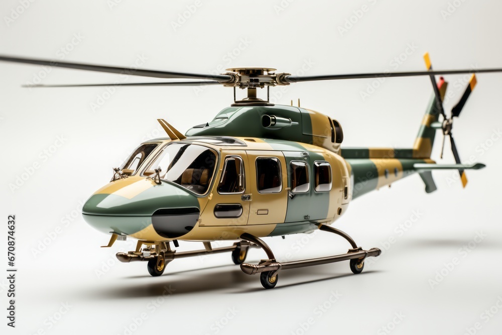 Toy helicopter, embodying the spirit of military aviation with clean lines and minimal colors, on isolated on white background, Generative AI