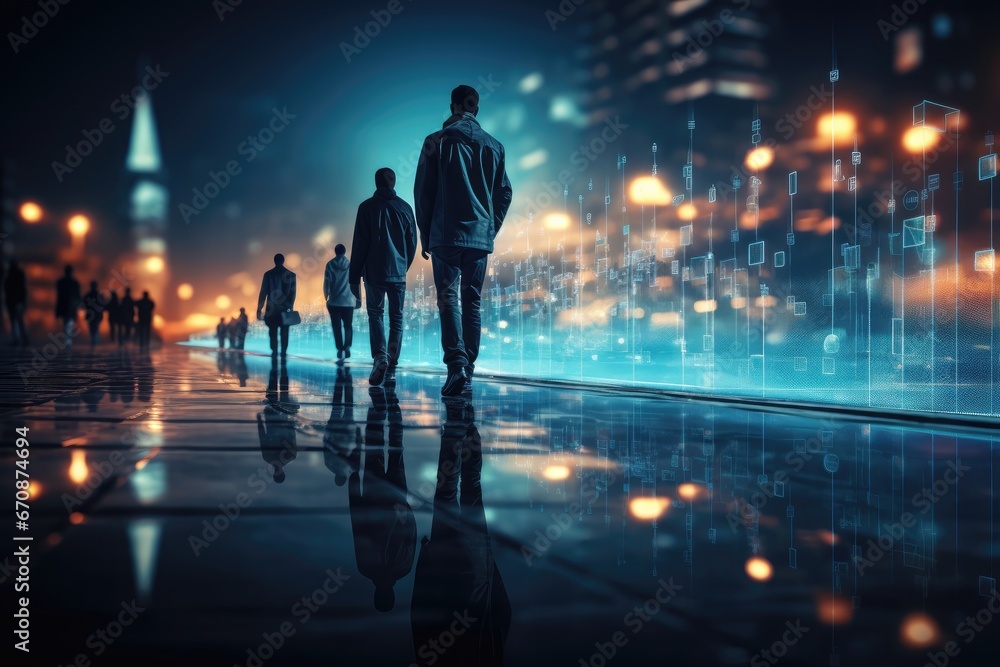An abstract background image for creative content, depicting a vision of the future with technology and people walking alongside a hologram display. Photorealistic illustration