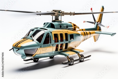 Toy helicopter, embodying the spirit of military aviation with clean lines and minimal colors, on isolated on white background, Generative AI