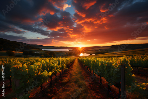 Golden sunset over the vineyard.