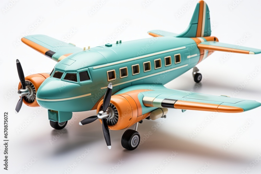 Fototapeta premium Toy military transport plane, inspiring dreams of airborne missions in soothing colors, on isolated on white background, Generative AI