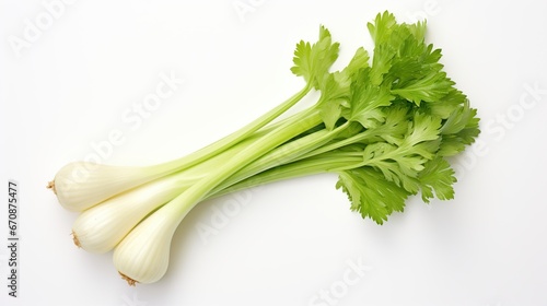 Fresh green celery stalk isolated on white background. AI generated image