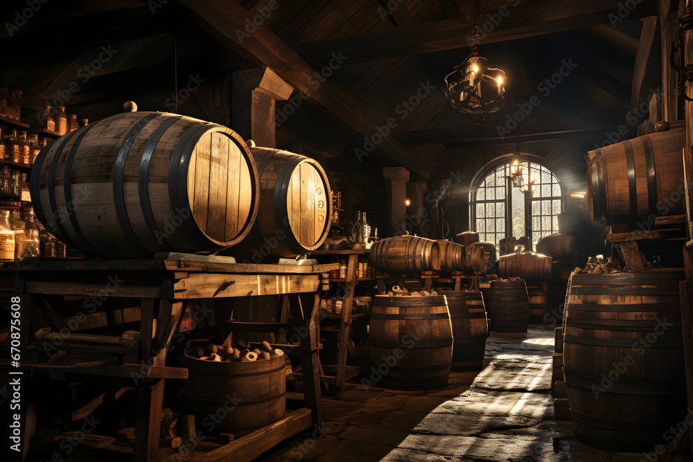 Wine barrels in a rustic cellar.