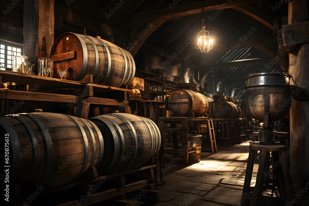 Wine barrels in a rustic cellar. Wine barrels in a rustic cellar.