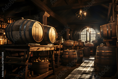 Wine barrels in a rustic cellar.